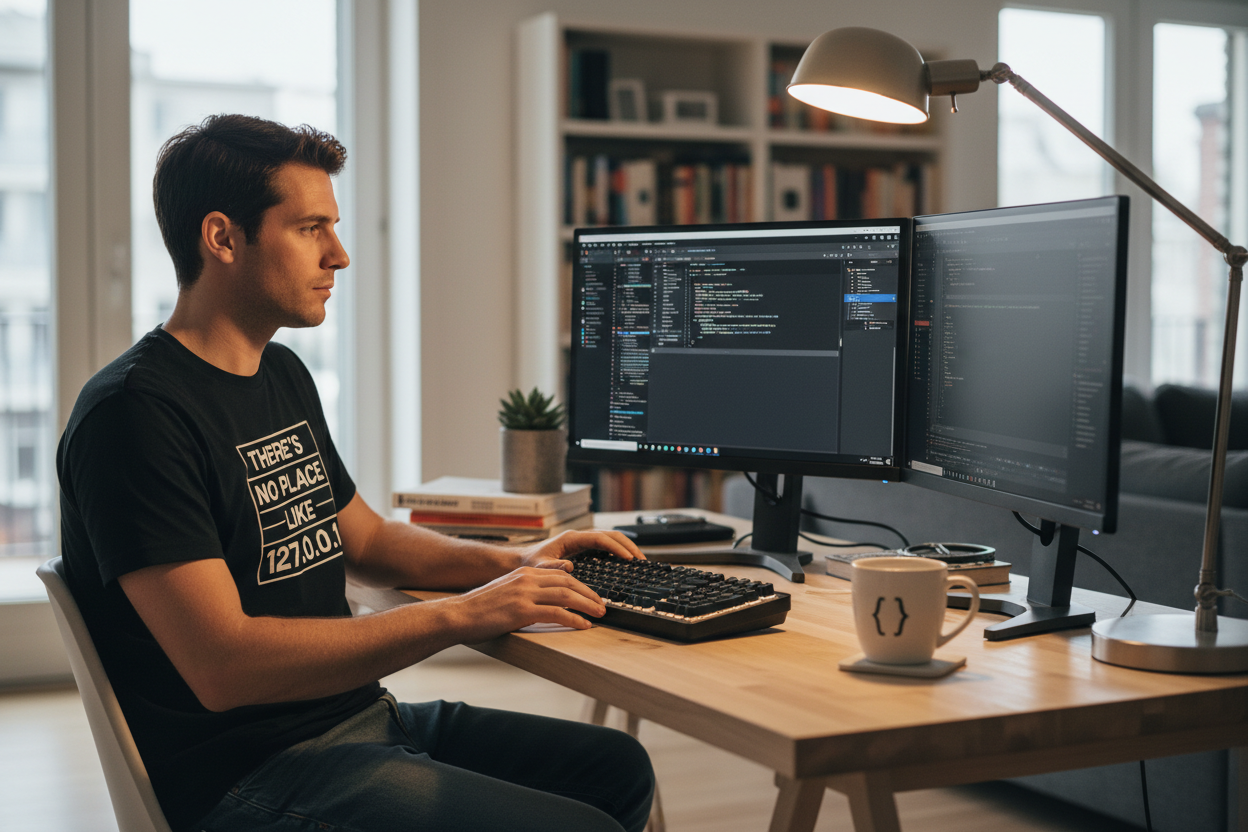 Software developer wearing There's No Place Like 127.0.0.1 localhost t-shirt at home office with dual monitors and coding setup