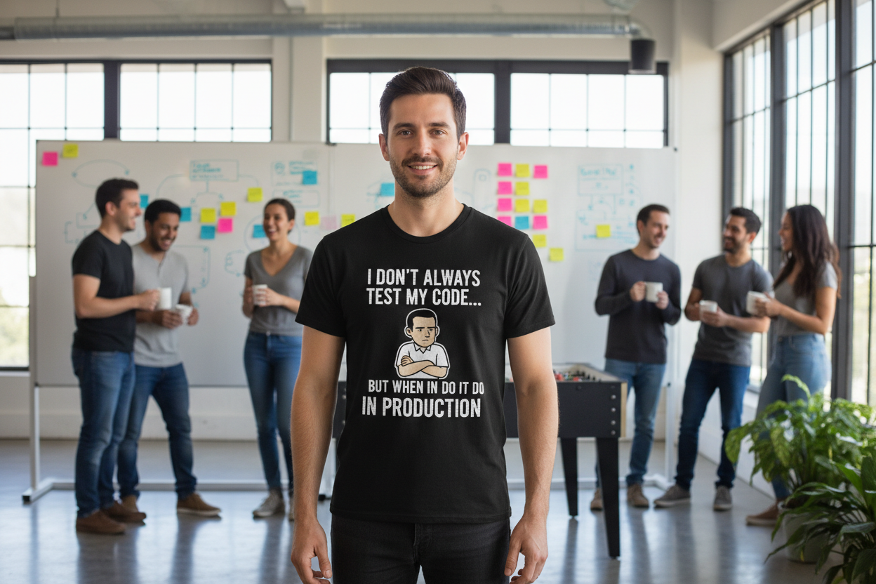 Software engineer wearing I Don't Always Test My Code t-shirt in modern tech office with whiteboards
