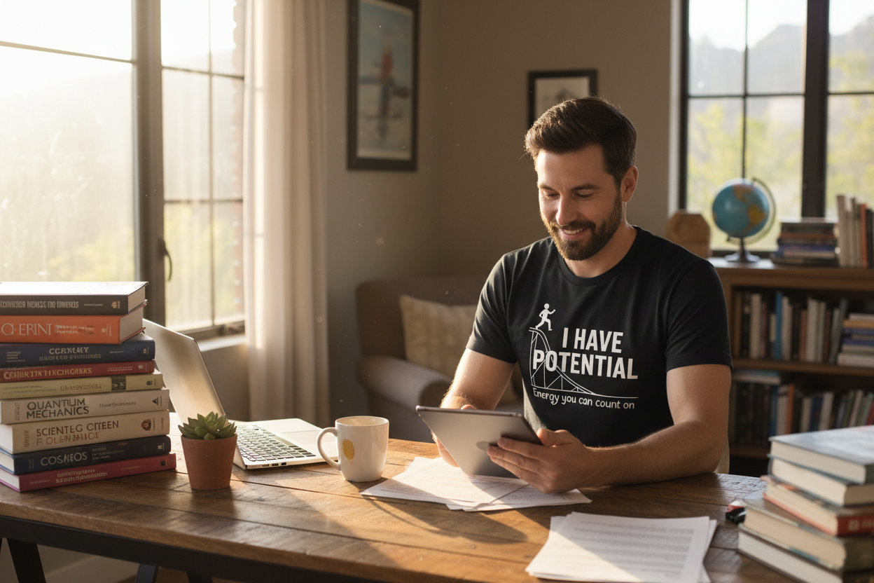 Science teacher dad wearing I Have Potential physics t-shirt in home office with science books