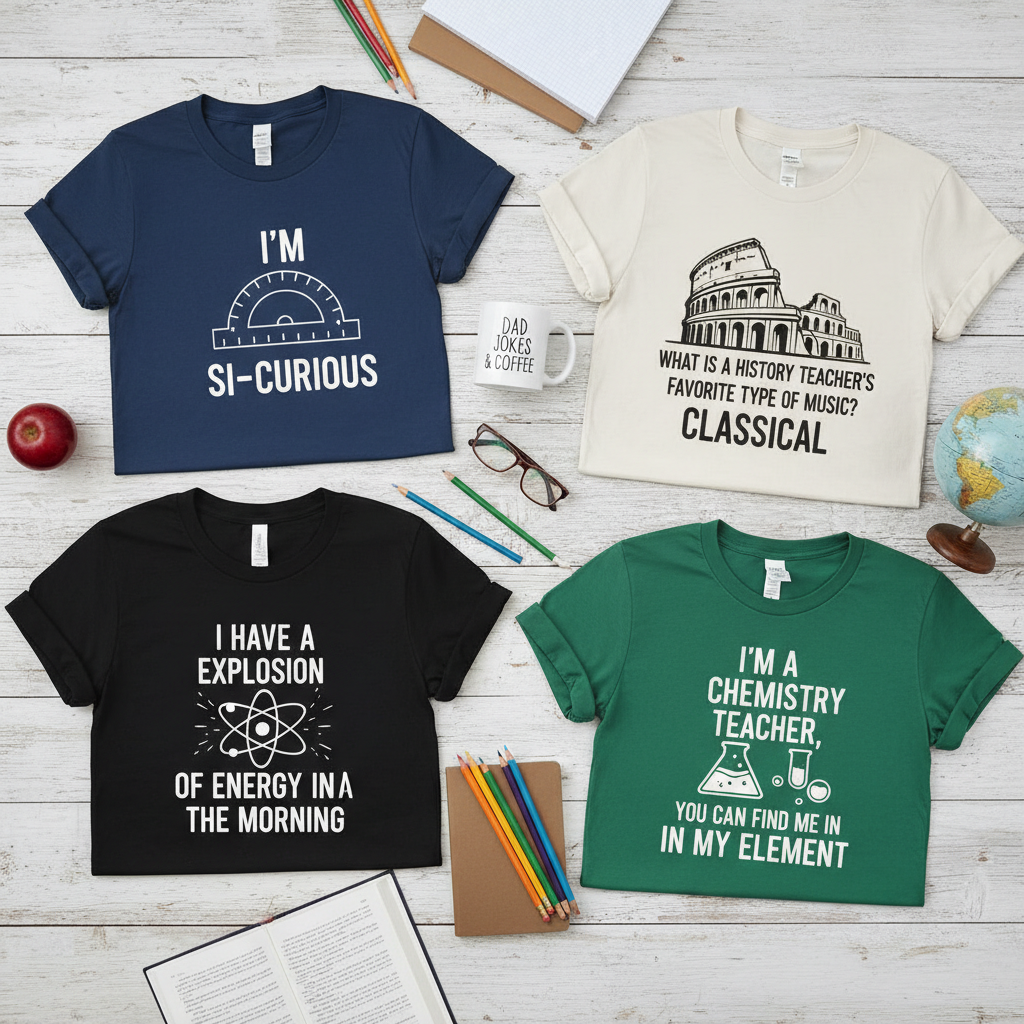 Teacher dad joke t-shirt collection flat lay with geometry, physics, history, and chemistry shirts styled with teaching supplies