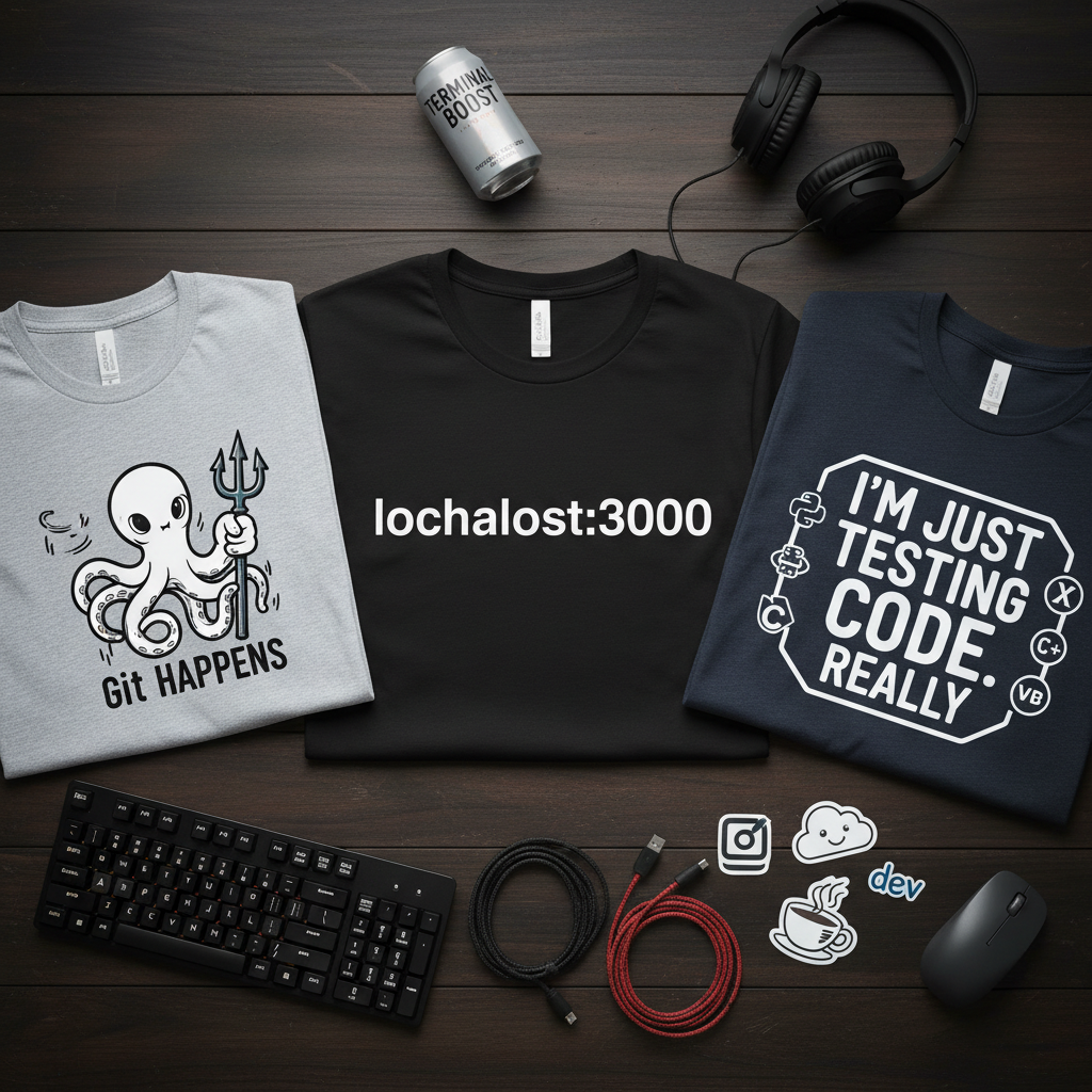 Programmer t-shirt collection flat lay with localhost, Git, and coding shirts styled with mechanical keyboard and tech accessories