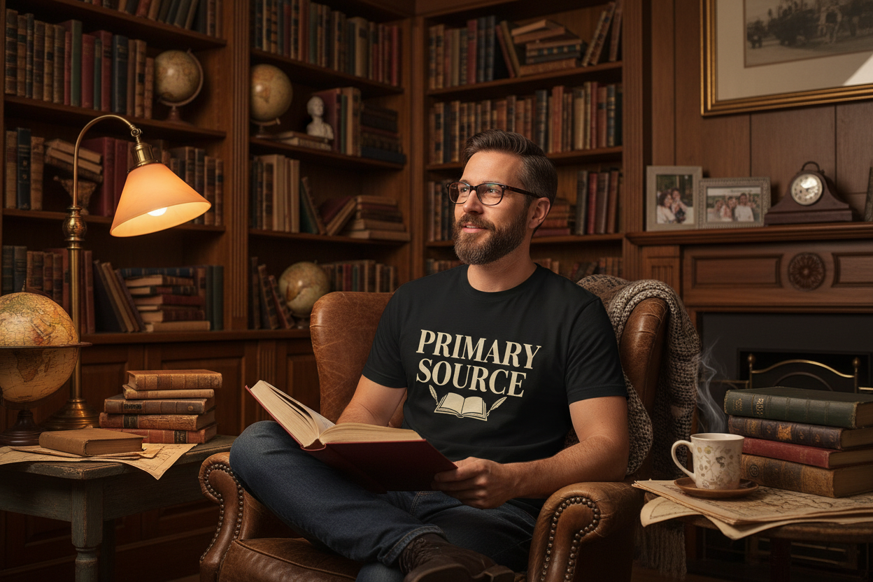 History teacher dad wearing Primary Source t-shirt in cozy library with vintage books