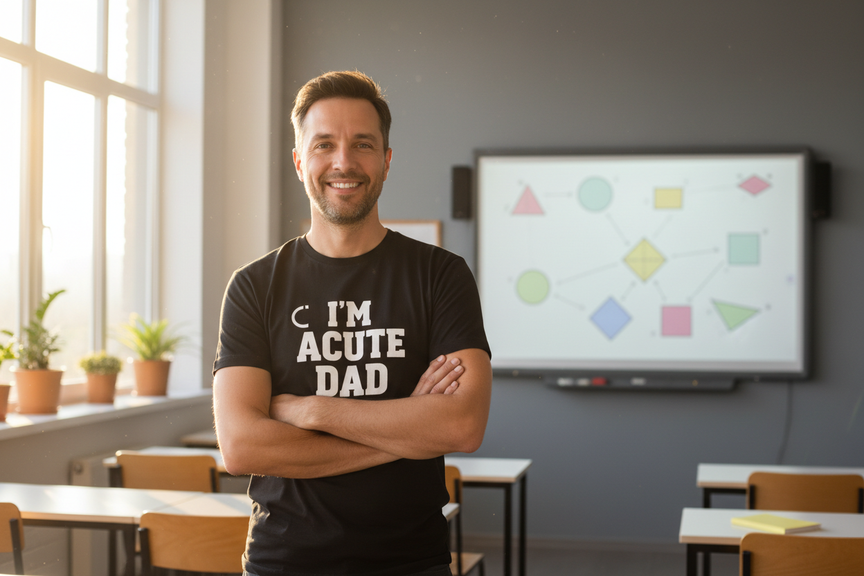 Math teacher dad wearing I'm Acute Dad t-shirt in classroom with geometric shapes on whiteboard